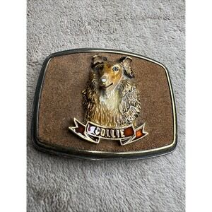 Vintage 1979 Raintree Collie Dog Belt Buckle 3D Brass Enamel Western USA